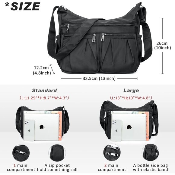 Women Black-l Nylon Water Resistant Anti Theft Travel Crossbody Shoulder Bag - Picture 3 of 7